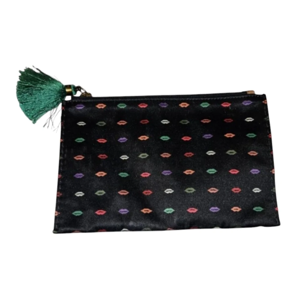 J Crew Make Up Bag Black with Lip Design Pattern & Tassle